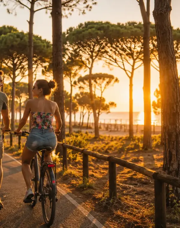 Coppia in bicicletta al tramonto tra gli alberi.
