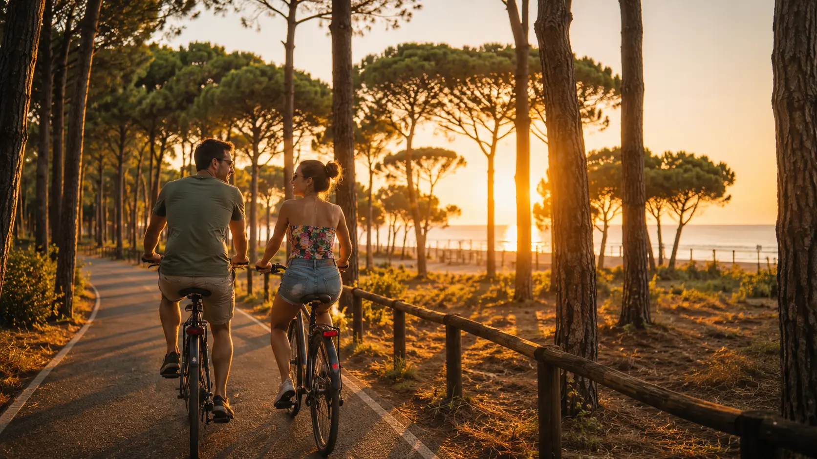 Coppia in bicicletta al tramonto tra gli alberi.