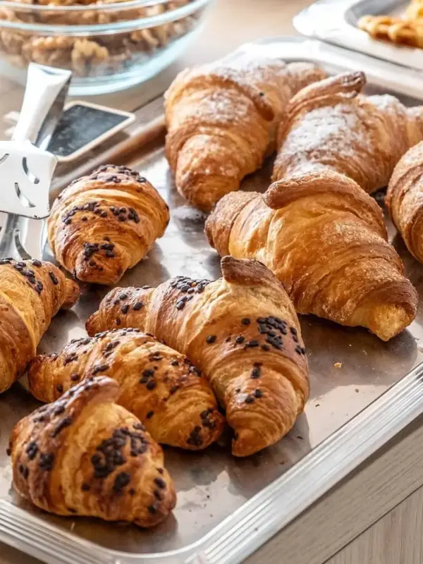Vassoio di croissant vari gusti su tavolo da buffet.