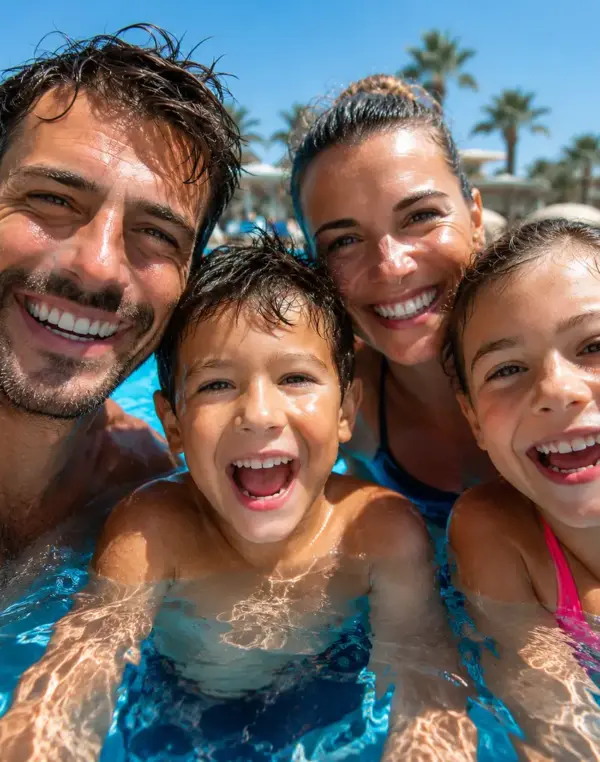Famiglia felice che nuota in piscina all'aperto.