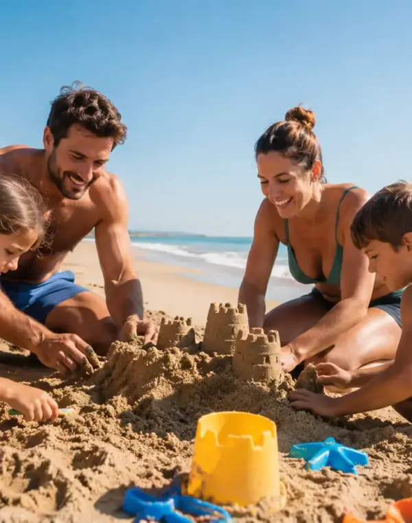 Famiglia costruisce castelli di sabbia sulla spiaggia.