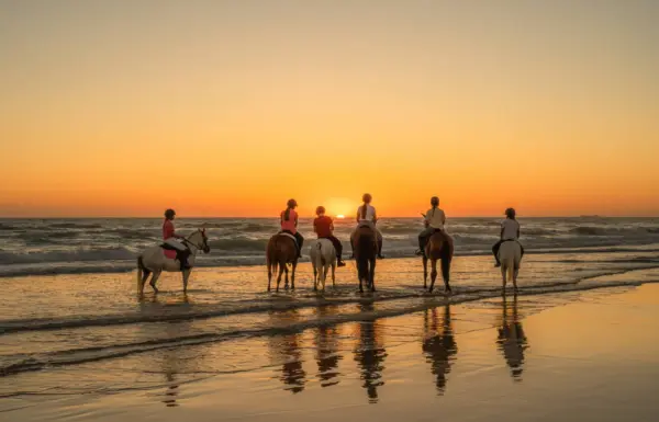 Persone a cavallo sulla spiaggia al tramonto.