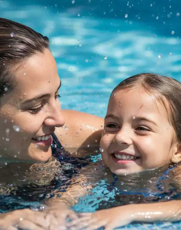 Madre e figlia sorridono mentre nuotano in piscina.