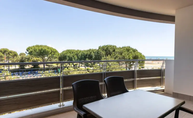 Terrazza con vista mare e alberi verdi.